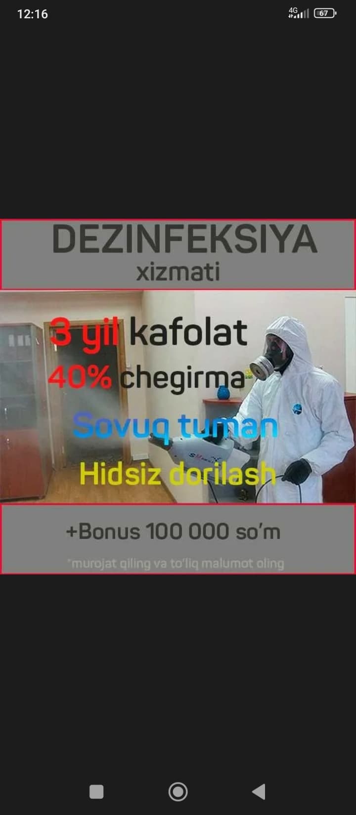 Hasharotlarga qarshi professional dezinfeksiya — to'shak hasharotlari, tarakanlar, chivinlar, yog'och bitlari.