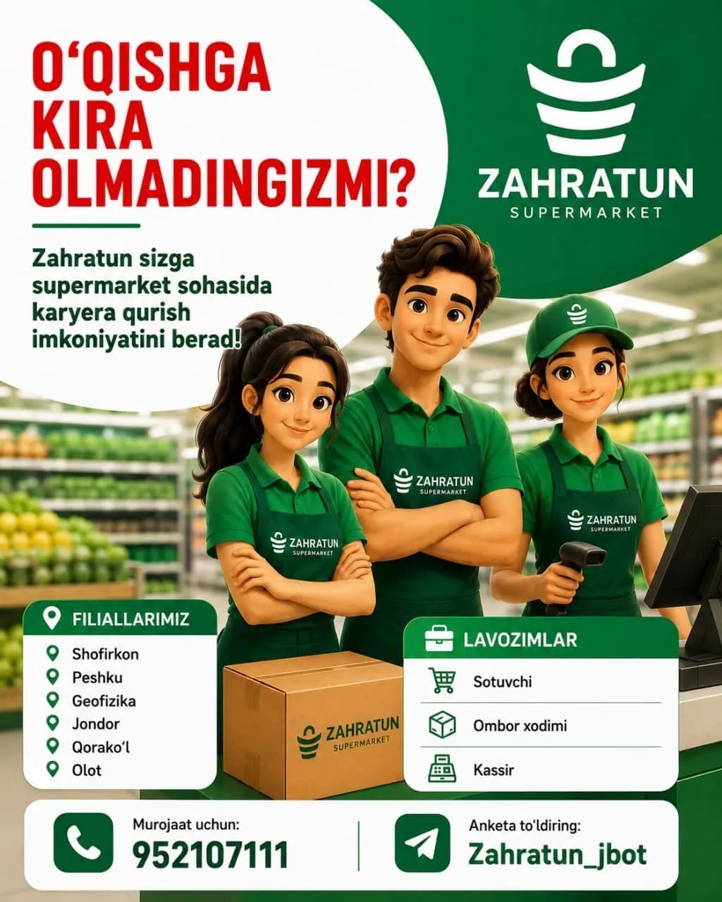 Zahratun supermarket ombor xodimini qidirmoqda