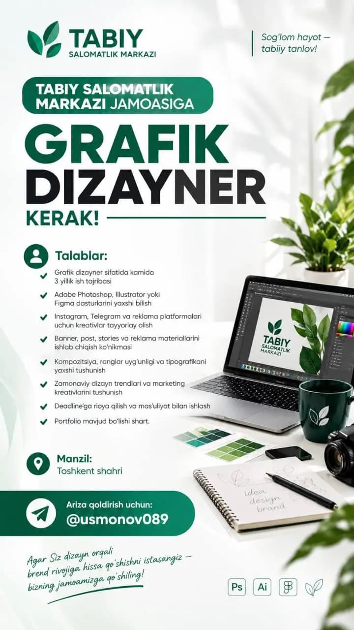 Zamonaviy dizayn yaratishni biladigan Grafik dizayner izlayapmiz.