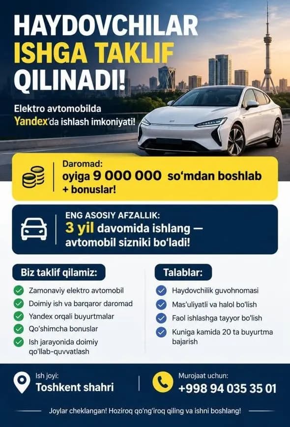 HAYDOVCHILAR ISHGA TAKLIF QILAMIZ ( Yigitlar va Erkaklar )