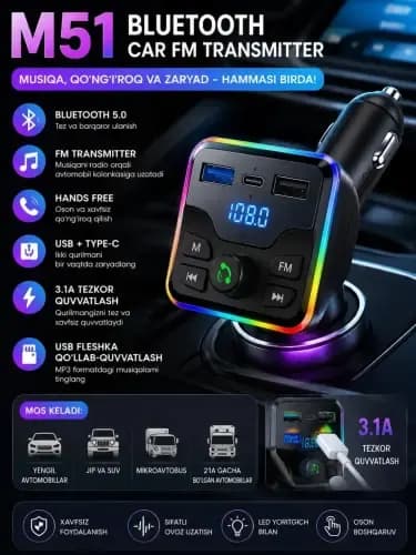 Avtomobil uchun Bluetooth FM Modulyator M51 – Hands Free va USB Zaryadlagich
